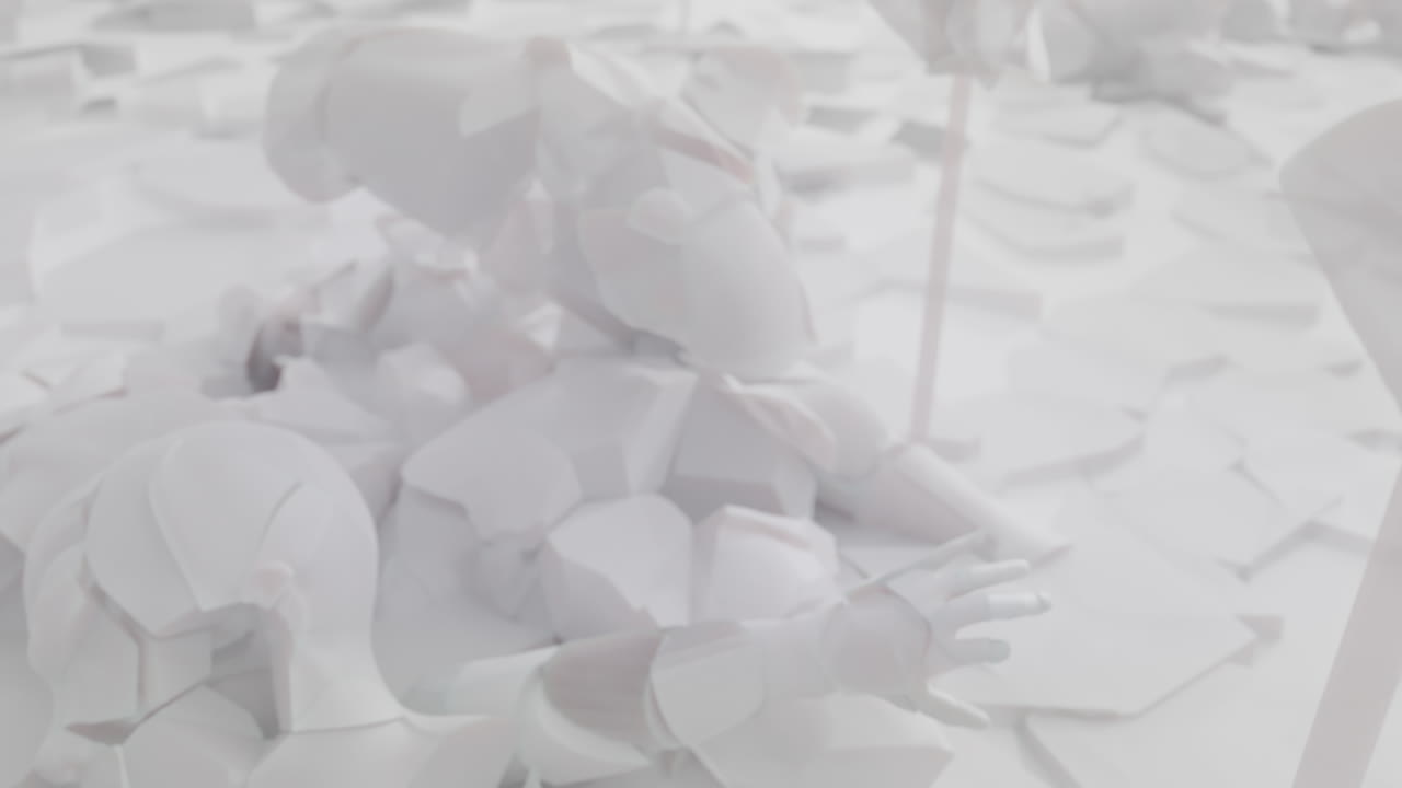 White, crushed android body parts on a foggy junkyard