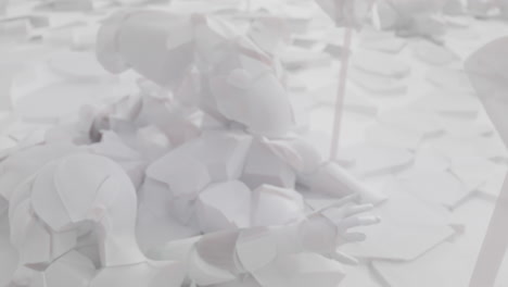 white, crushed android body parts on a foggy junkyard
