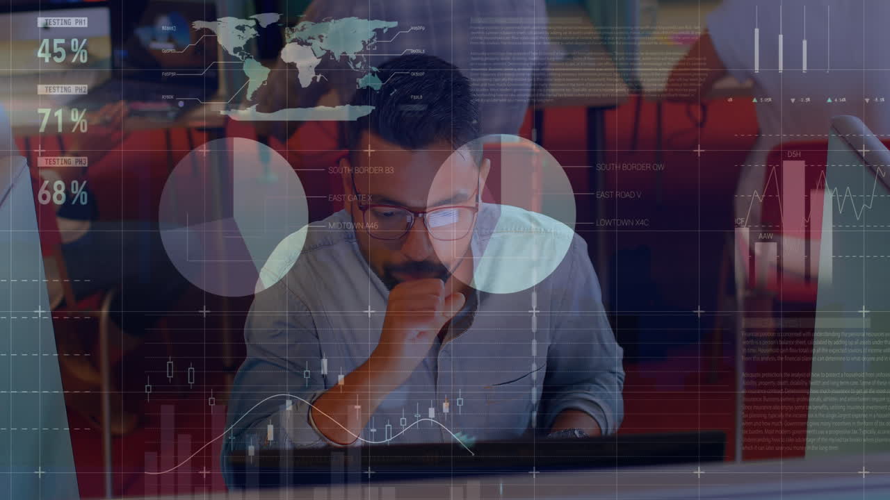 animación del procesamiento de datos financieros sobre diversas personas de negocios