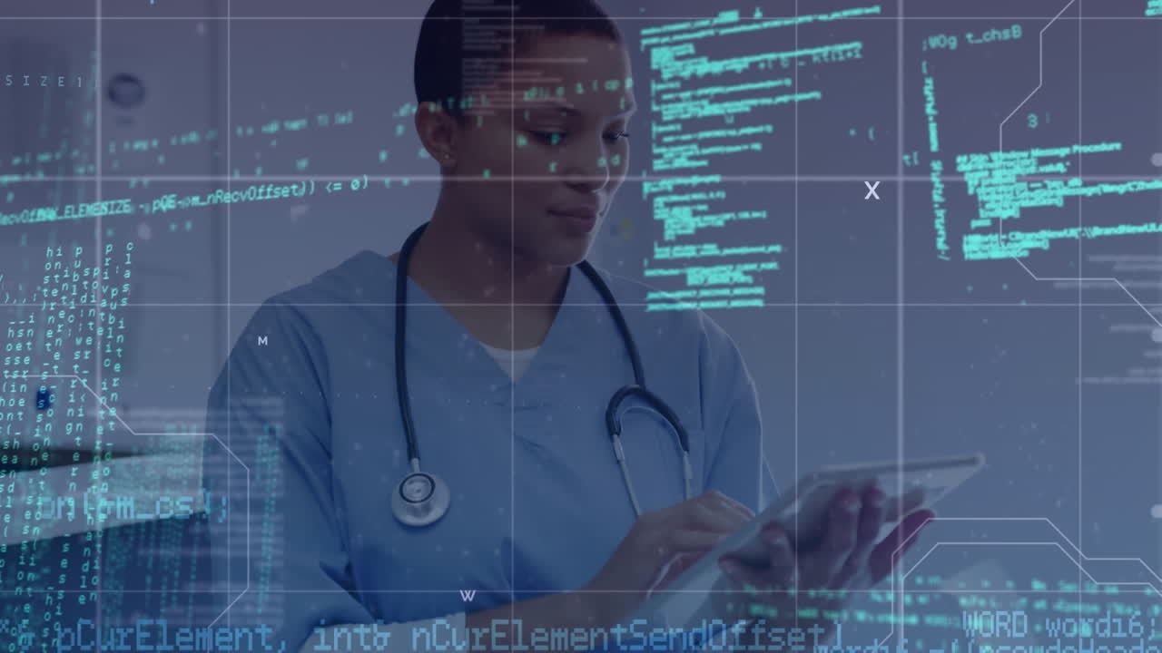 Animation of data processing over african american female doctor