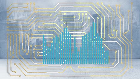 Animación-De-Placa-De-Circuito-De-Computadora-Sobre-Paisaje-Urbano.