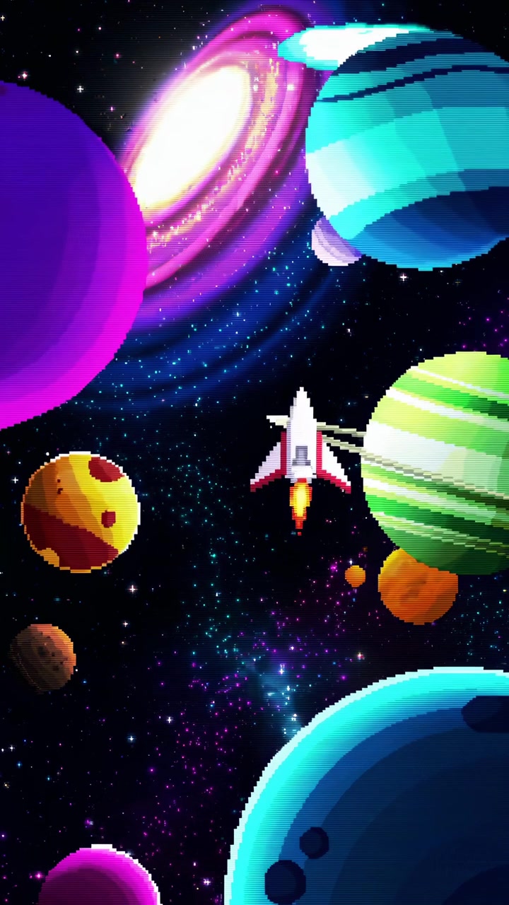 Astronave in stile pixel art retrò che viaggia attraverso un cosmo colorato