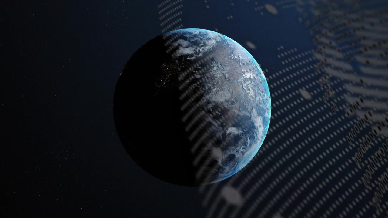 Digital overlays entering right, sweeping across planet, mapping data and revealing cities