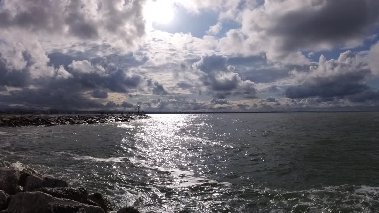 Sea Waves Wash the Pier in Rimini, Italy