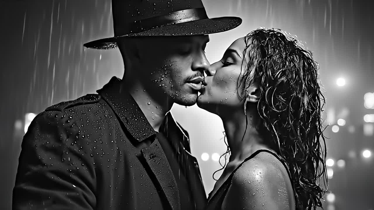 A man and a woman kissing in the rain with their hands covered in water