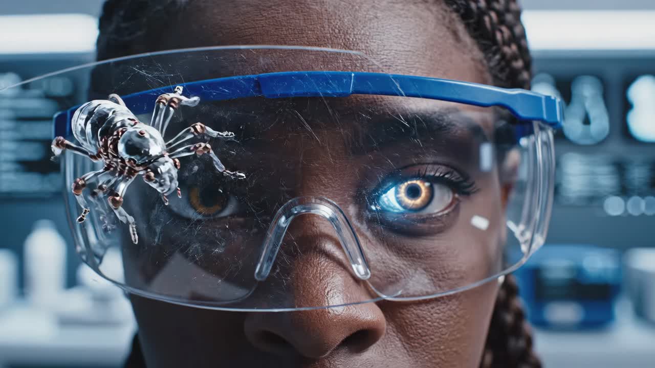A futuristic woman with a robotic spider on her glasses