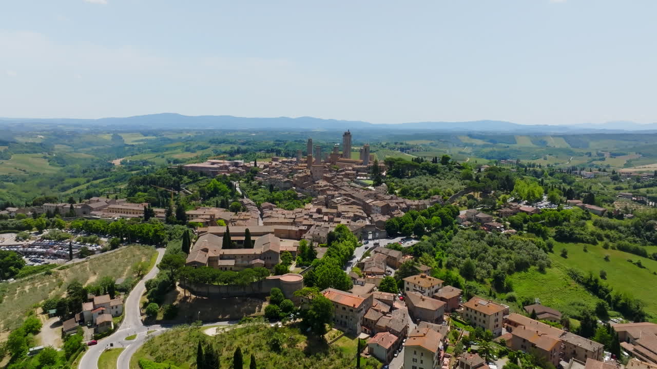 Aerial view away from the historic San Gimignano village, in sunny Tuscany, Italy