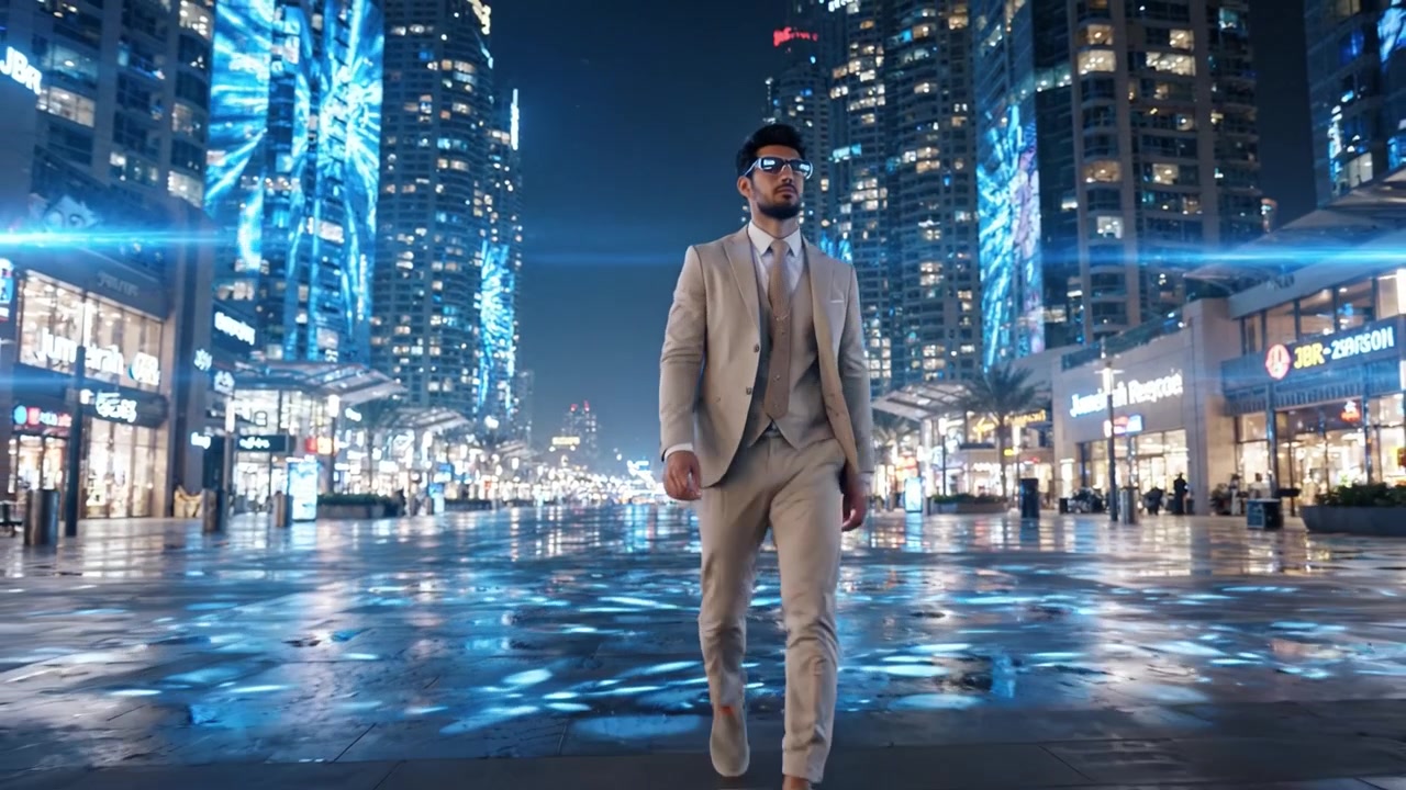 A Man in a Stylish Suit Walking Through a Modern Cityscape Illuminated by Neon Lights at Night, Capturing the Essence of Urban Sophistication and Style
