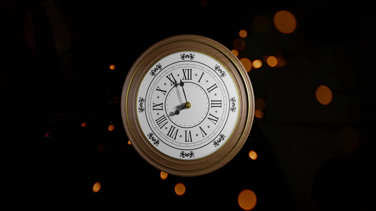 Animation of retro clock ticking showing midnight with spots of light on black background