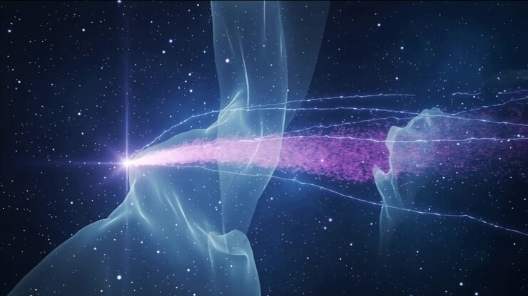 Emitting left-center point projecting pink beam across stars, with electric lines, dust, blue veils