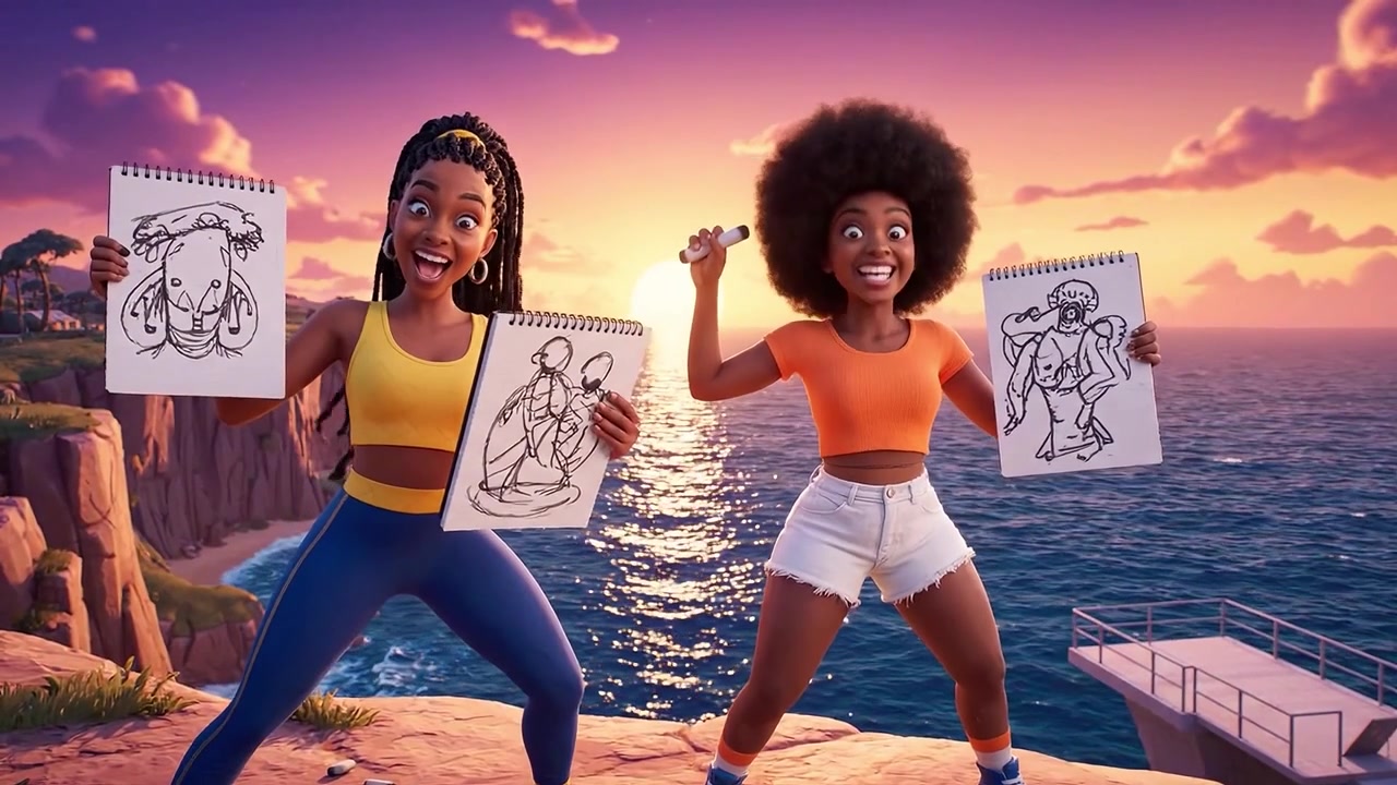 Creative Artists Enjoying a Sunset by the Sea, Sketching and Showcasing Their Artwork in a Vibrant and Inspiring Atmosphere with Playful Expressions