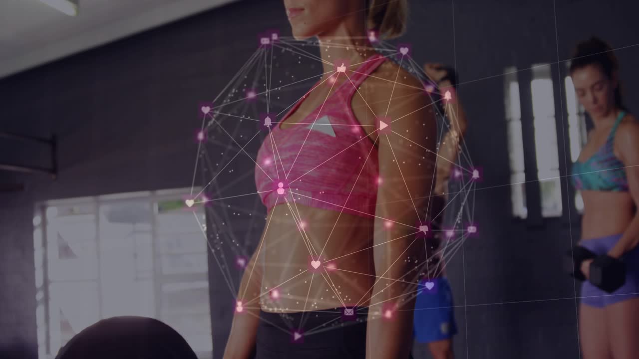 Vertical video: Gripping barbell woman in pink sportsbra lifting deadlift at gym with tech overlay