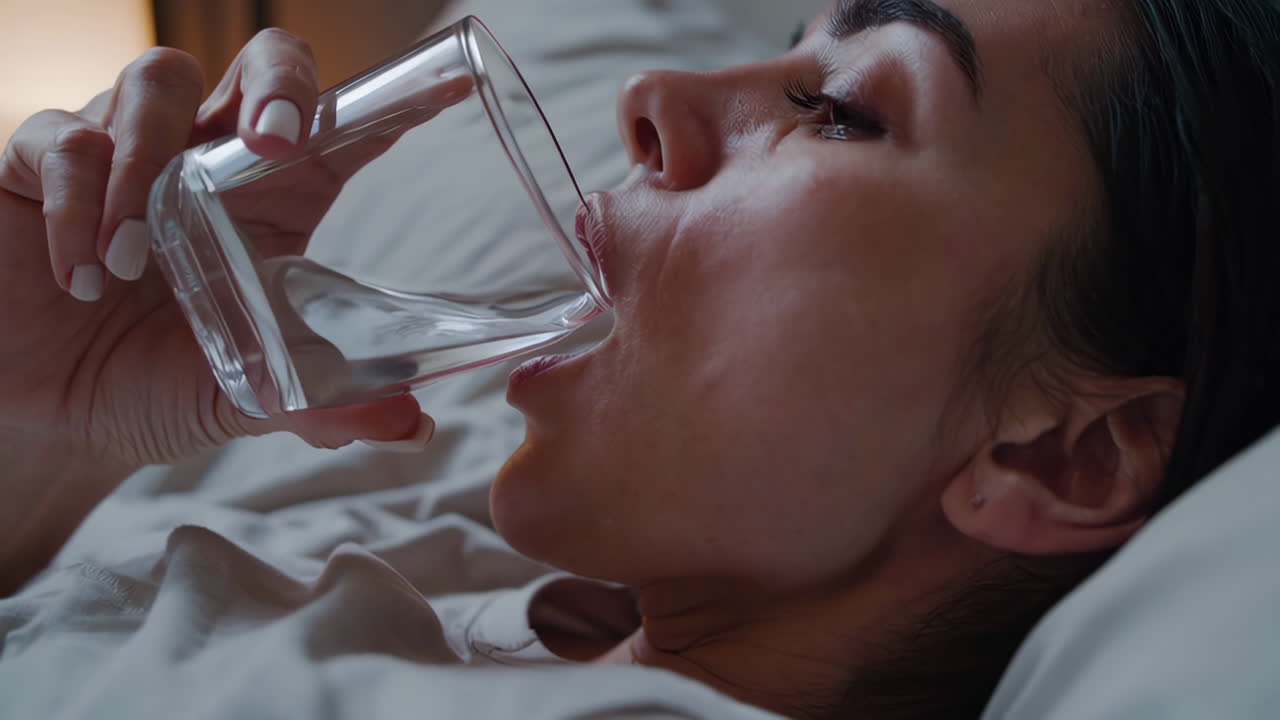 침대에서 물을 마시는 여자