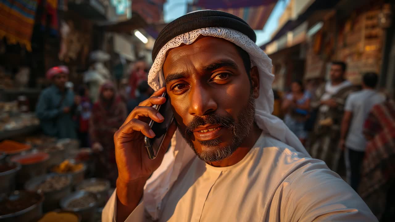Camera moving closer, Middle Eastern man wearing thobe and agal holding phone, speaking in market