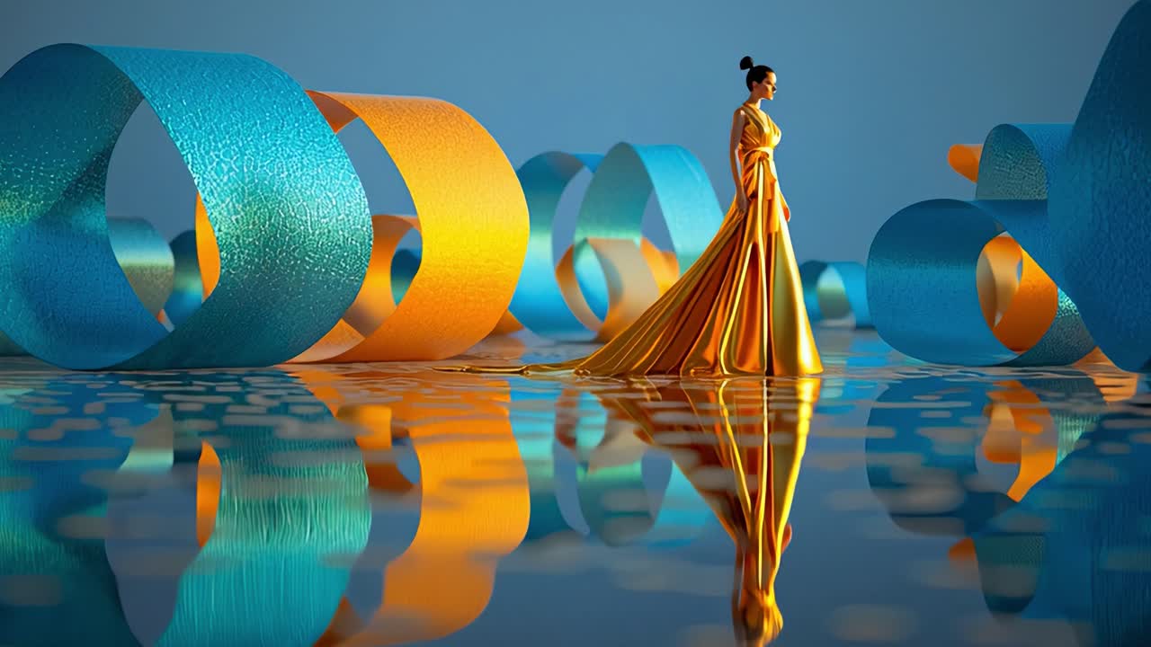 Elegant Woman in Gold Dress with Reflections