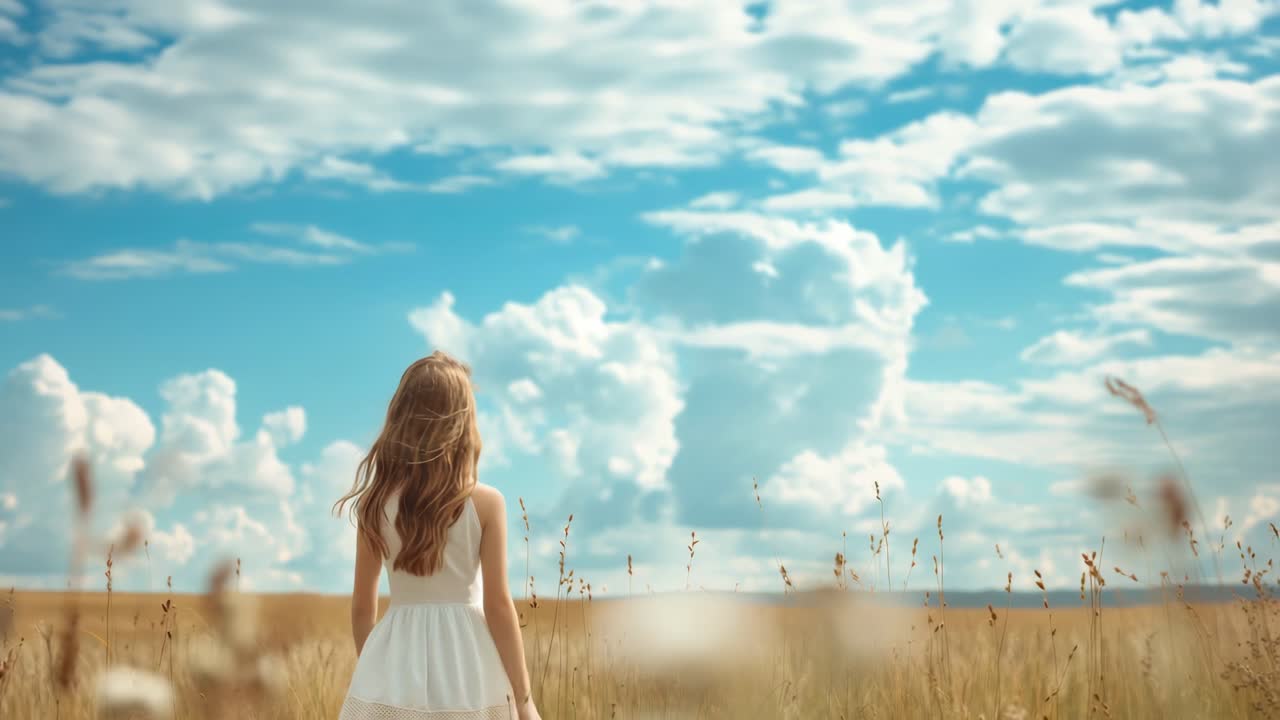 Blonde haired young female in white summer dress standing amid golden wheat field, gazing toward distant horizon under expansive blue sky with soft cumulus clouds