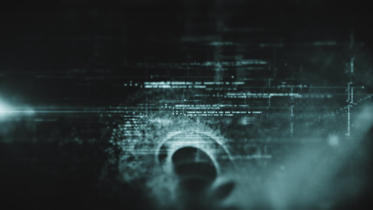 Futuristisk abstrakt defokuseret, flydende datamatrix, meta, metaverse, telemetri- og krypteringsnummervisning med partikelsimulering i et cyberspace-miljø til loopende baggrund for head-up display
