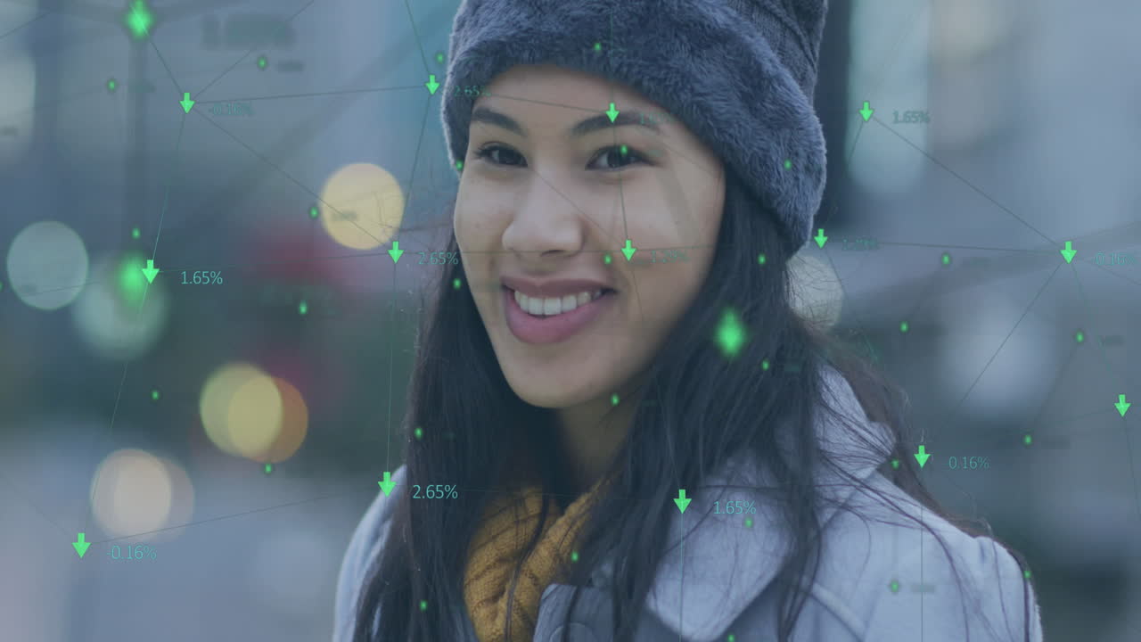 Animation of network of connections over biracial woman smiling