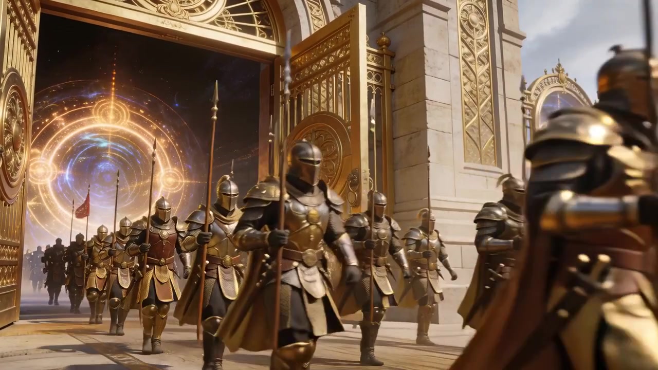 Unidad blindada marchando moviéndose desde un portal a través de puertas doradas que se abren para una ceremonia, llevando lanzas.