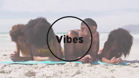 animation of vibes text with african american family at beach