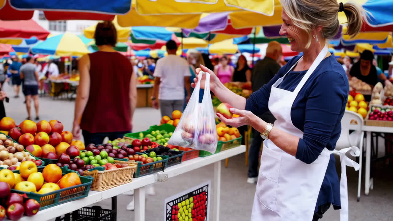 Woman buying fruit at a vibrant outdoor farmers market