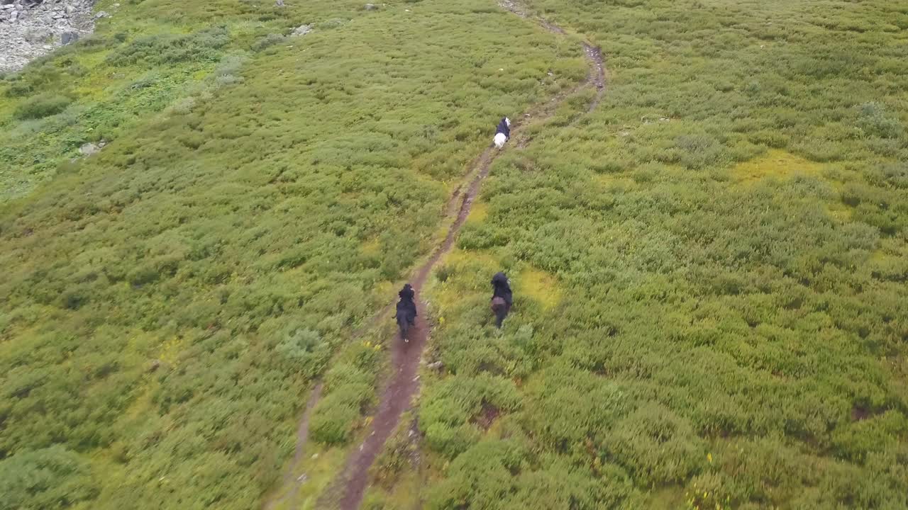 a caballo a través de un paisaje montañoso
