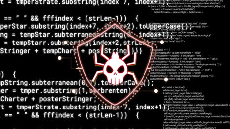 animación de amenaza de ciberseguridad con icono de escudo de cráneo y araña sobre código de programación