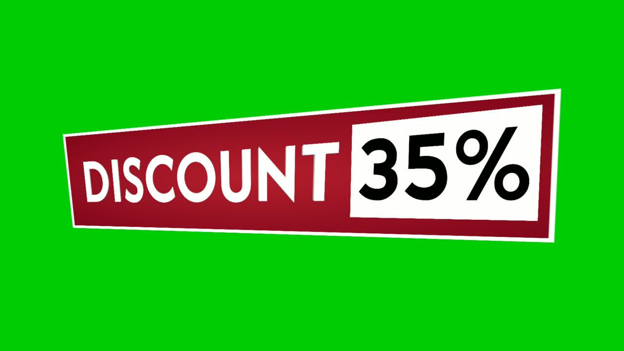 Animazione grafica in movimento del testo "Sconto 35%" su rettangolo rosso