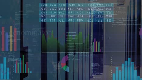 Animation-Von-Mehrfarbigen-Diagrammen,-Zahlendiagrammen,-Computersprache-über-Serverraum