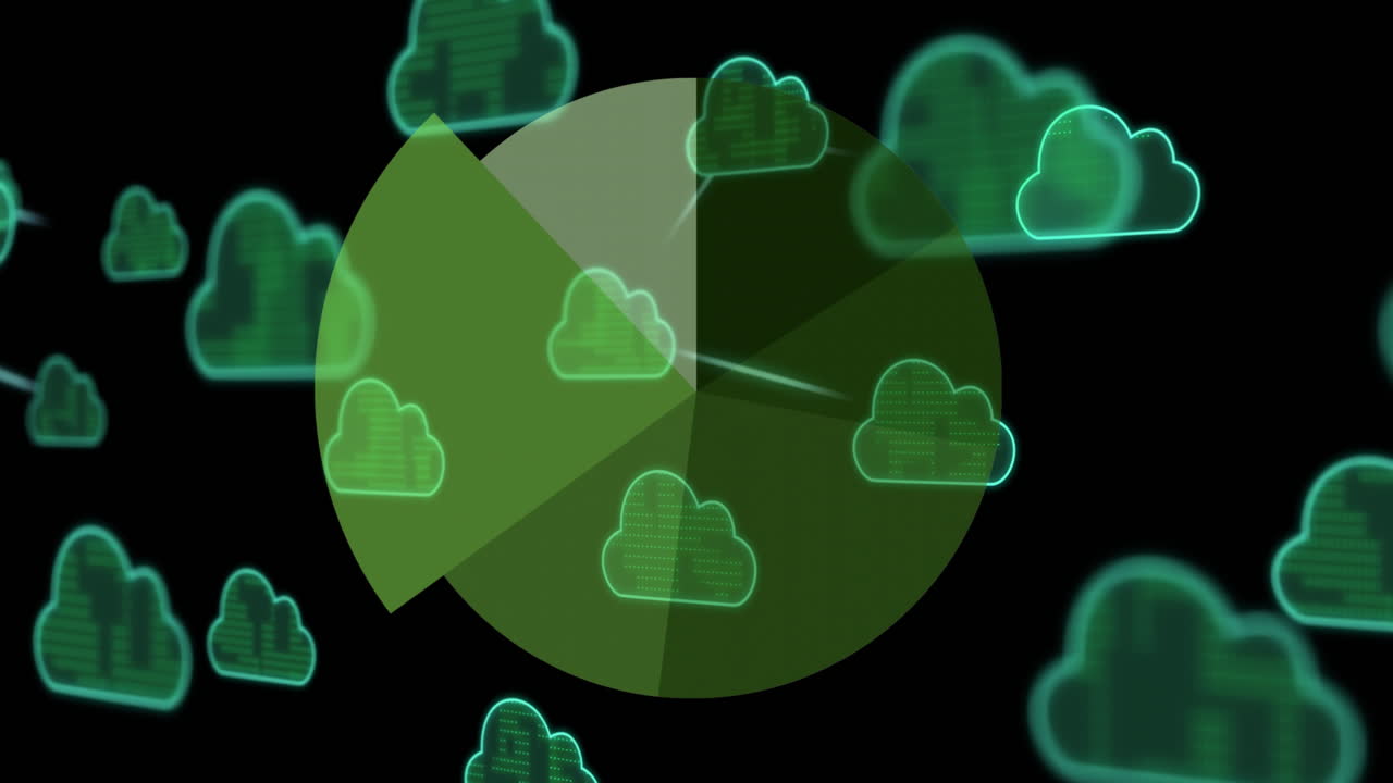 검은색 배경에 파란색 구름 아이콘을 전송하는 데이터 처리 의 애니메이션