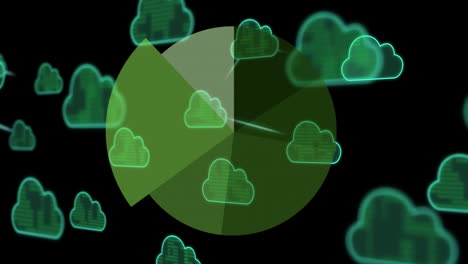 animación de la rueda de procesamiento de datos con iconos de nubes azules que se transfieren sobre un fondo negro
