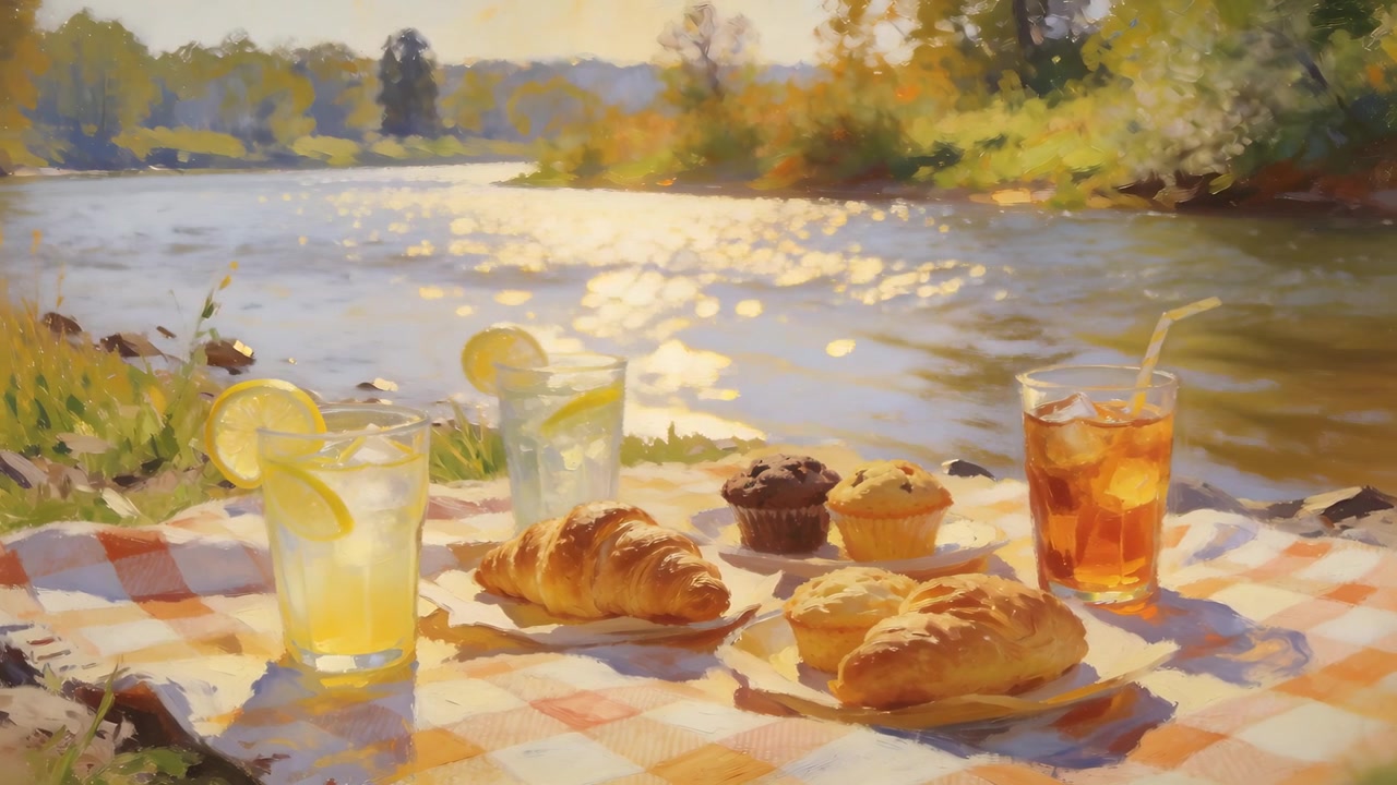 Lumière du soleil changeante et brise révélant un pique-nique étalé au bord de la rivière, avec de la limonade et des croissants