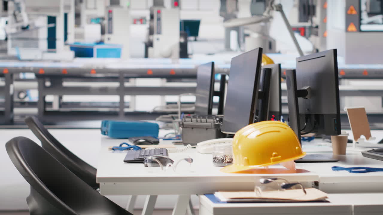 Vertical Video PC display in empty photovoltaics factory used for monitoring system performance