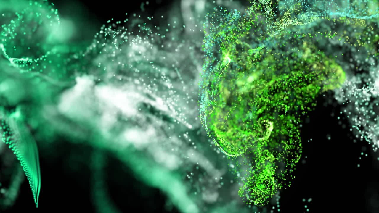 검은 바탕에 동적 파동을 형성하는 조명된 입자의 애니메이션