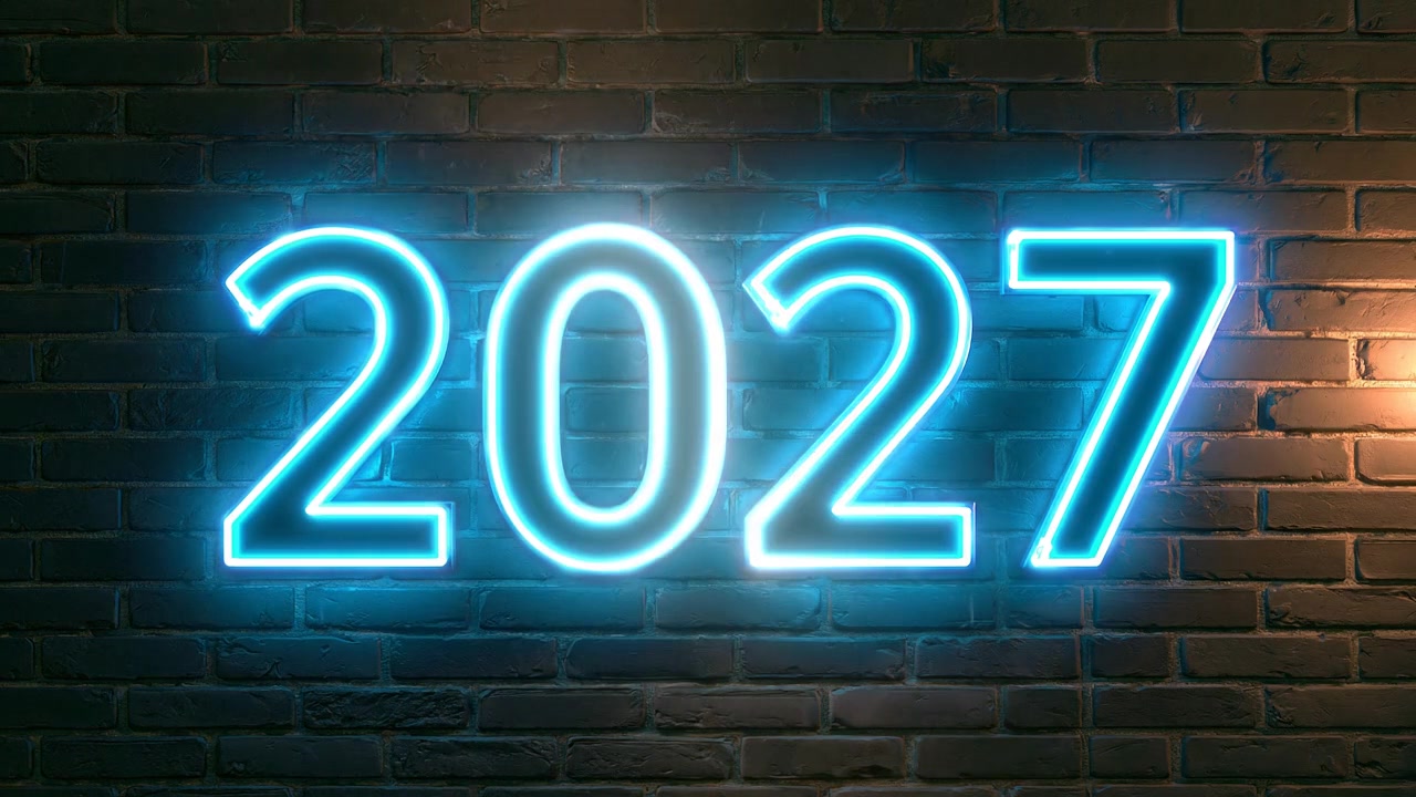 Glowing Neon 2027 Sign on Dark Brick Wall