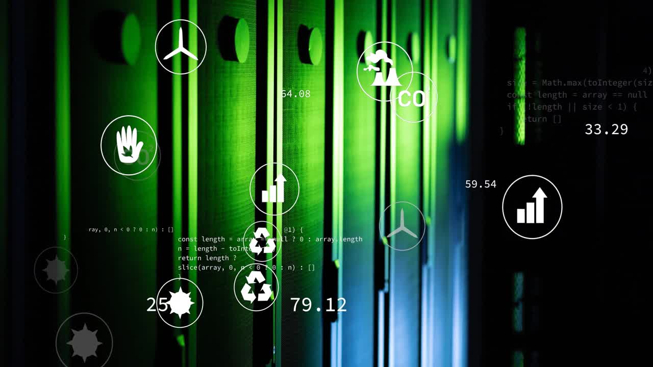 animación de iconos de tecnología verde, codificación en racks de servidores de datos