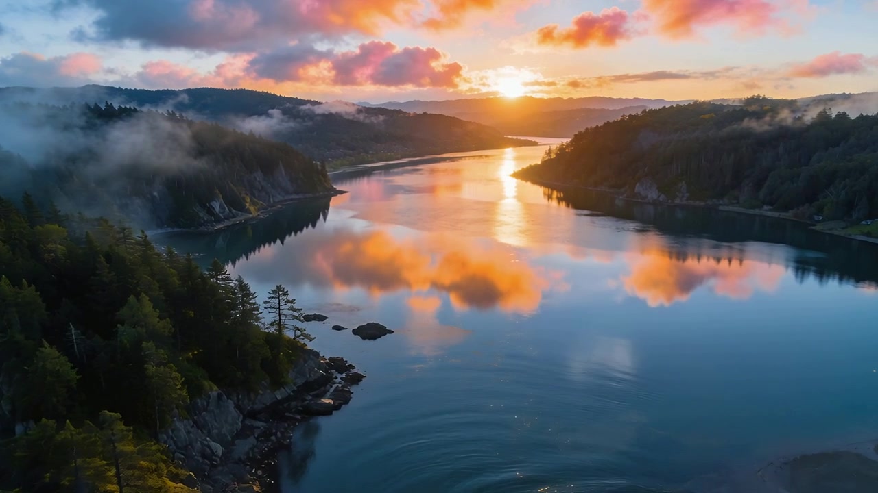 Brightening coastal inlet reflecting sunrise, mist thinning forested cliffs and ripples spreading