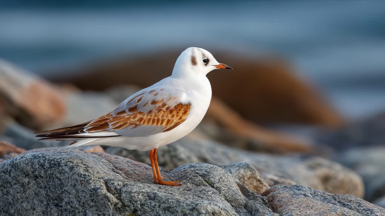 En fantastisk måge yndefuldt siddende på en klippefyldt kystlinje med blide havbølger i baggrunden, fanget i to smukke billeder.