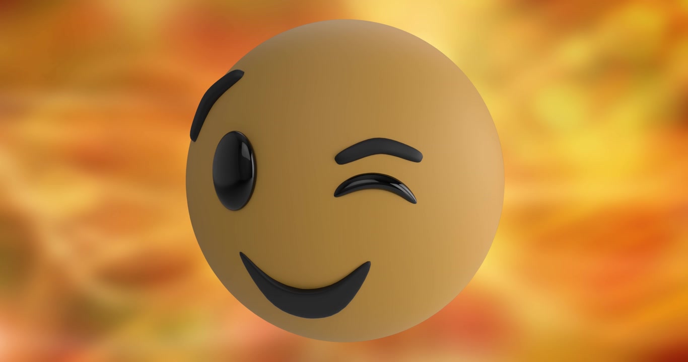 Animace ikony emoji mrkajícího obličeje na rozmazaném pozadí s prostorem pro text.