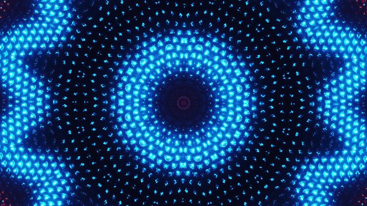 Explosão de estrelas azul e vermelha com fundo preto. Loop VJ de caleidoscópio