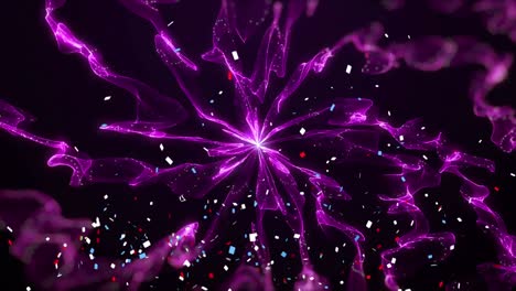 animación digital de confeti cayendo sobre ondas digitales púrpuras sobre un fondo negro
