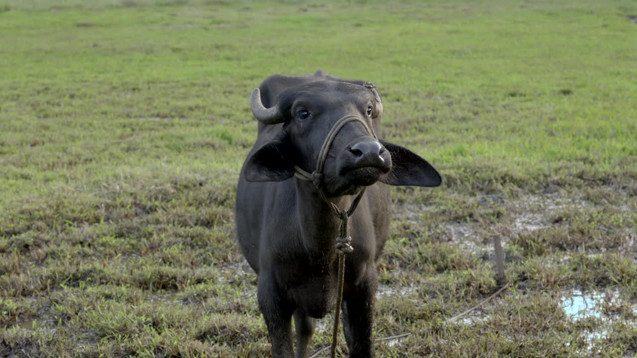 búfalo indio pastando en el campo de arroz y tierra húmeda con hierba