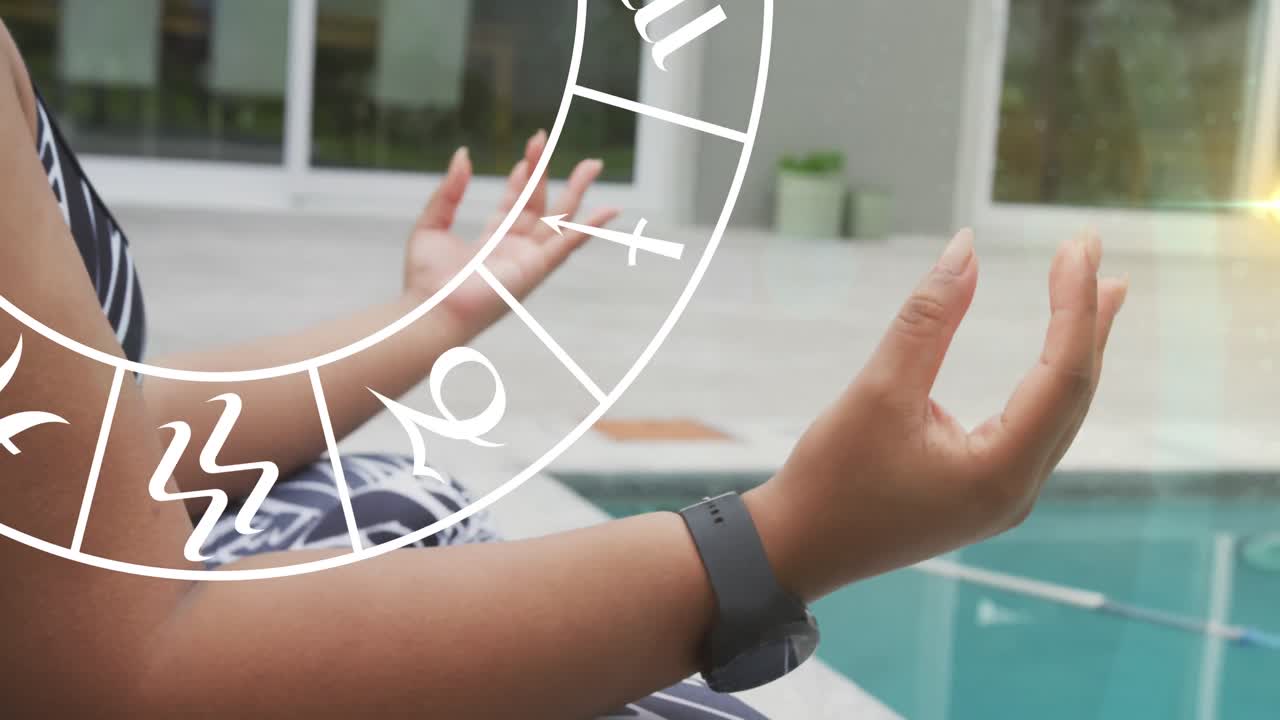 요가를 연습하는 두 인종의 여성들을 둘러싼 조디악 기호의 원