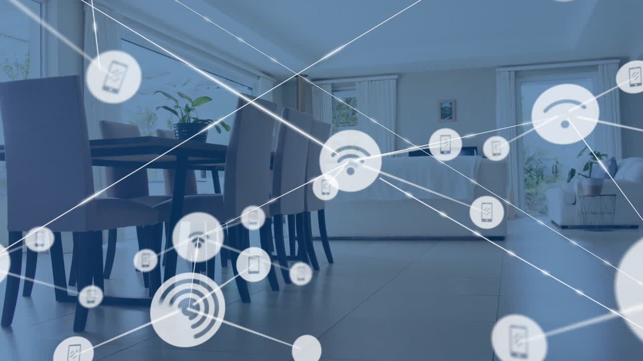 Animation of data processing network of connections icons over living room