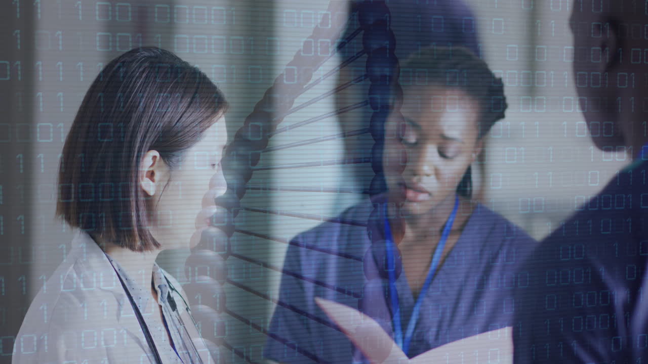 dna 스트랜드의 애니메이션과 다양한 의사들에 대한 데이터 처리