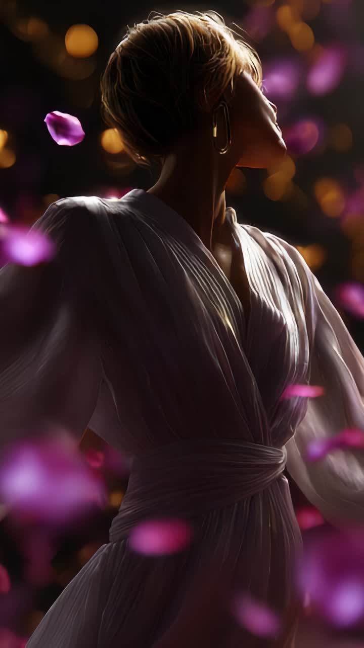 Un momento sereno catturato: una donna in un fluente abito bianco circondata da petali vivaci, che celebra l'eleganza e la grazia nella luce soffusa