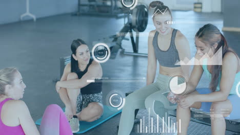 animation of diagrams and data processing over diverse women talking at gym