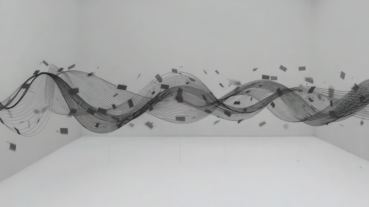 Scene starting sheer black ribbon waveform weaving and settling across white studio with confetti