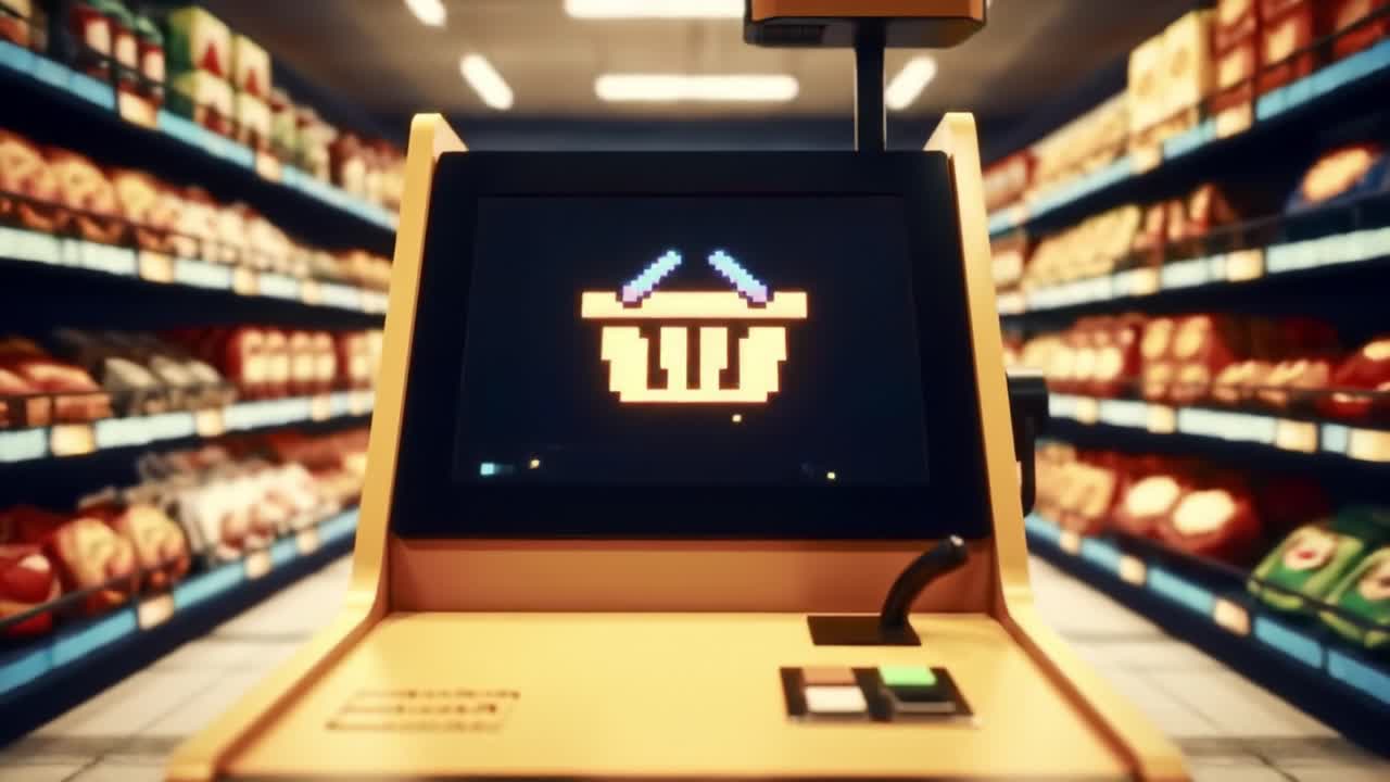 A captivating depiction of a self-service checkout machine screen displaying a shopping basket graphic, surrounded by various grocery items on store shelves, showcasing modern retail technology.