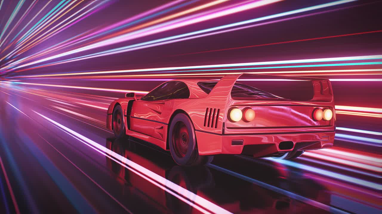 모션 블러 효과와 네온 빛 줄무로 도로에서 운전하는 빨간 스포츠 자동차